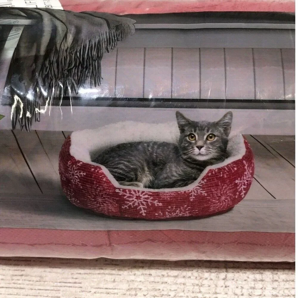 Vibrant Life Small Cuddler Cat Dog 19” Bed Red Snowflake Round Cozy Sleep New